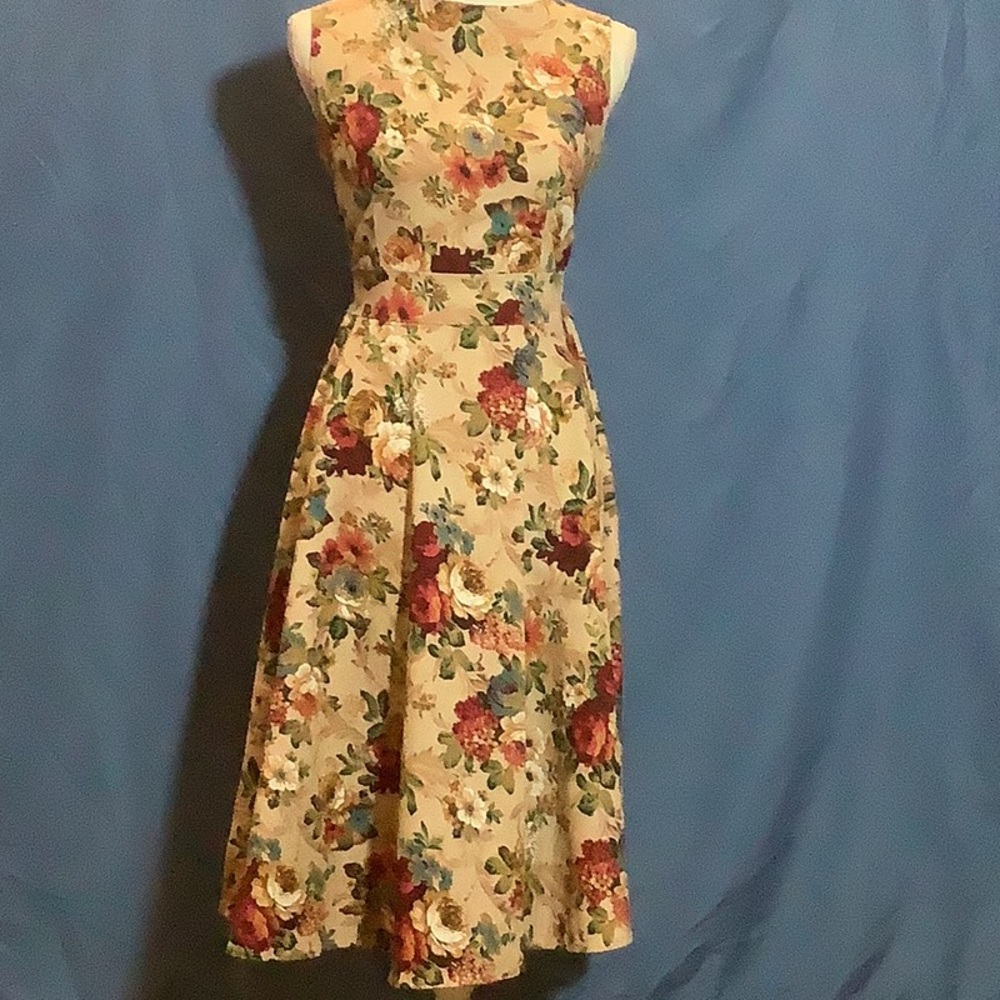 Acevog Fit and Flare Sleeveless Tan Flowered Dress